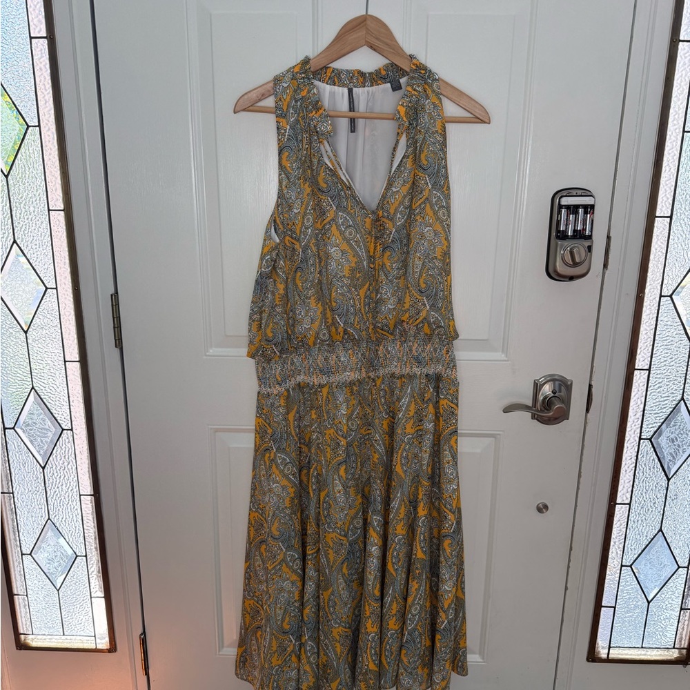 Twelfth Street Cynthia Vincent Paisley Dress Size L Yellow Flowy High Neck